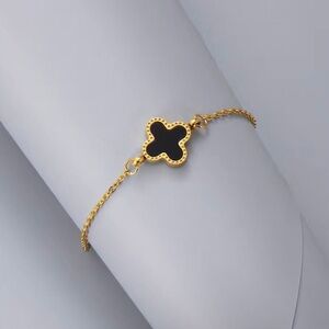 18K Gold Plated Stainless Steel Single  Clover Bracelet Black & White Four Leaf